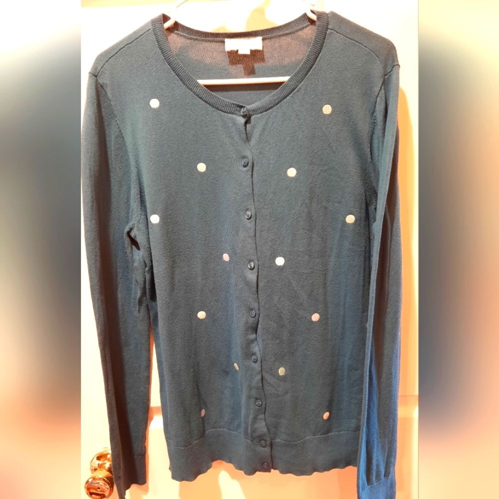 Loft Sweater Womans Large Blue Polka Dot Crew Neck Classic Preppy Casual